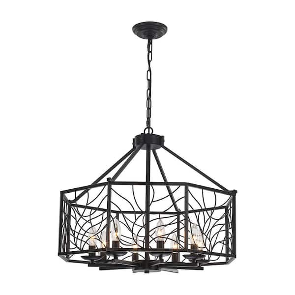 Industrial Farmhouse 8-Light Black Candlestick Geometric Chandelier with Metal Cage Shade