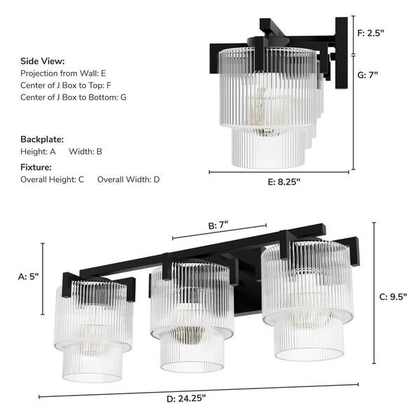 Hunter - Ontario 24.25 in. 3-Light Matte Black Vanity Light with Clear Ribbed Glass Shades