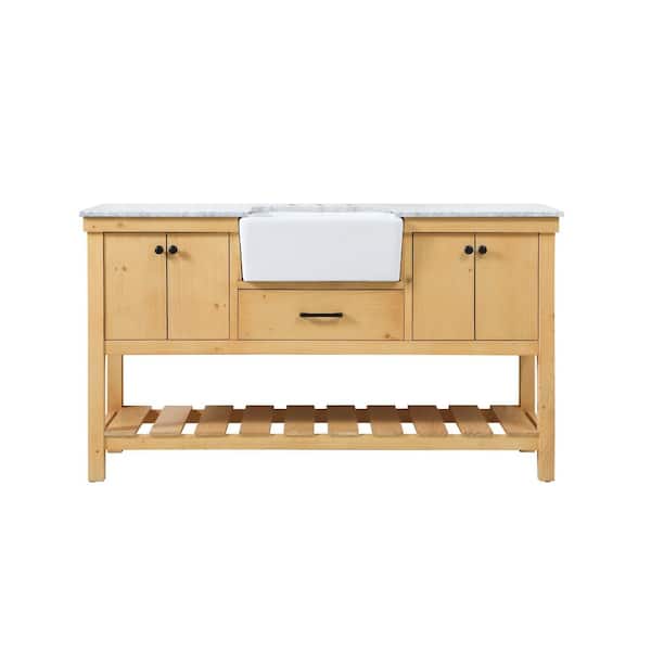 Unbranded Timeless Home 60 in. W x 22 in. D x 34.13 in. H Single Bathroom Vanity Side Cabinet in Natural Wood with Marble Top