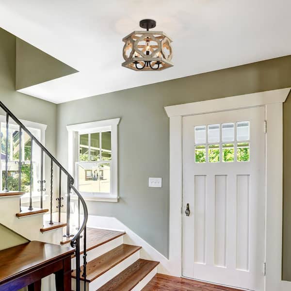 Farmhouse Antique Wood Drum Semi-Flush Mount 3-Light Rustic Kitchen Island Ceiling Lamp with Rusty Bronze Candle Holders