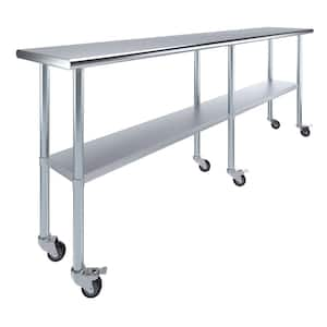 18 in. x 96 in. Stainless Steel Work Table with Casters : Mobile Metal Kitchen Utility Table with Bottom Shelf