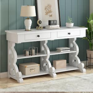 54 in. White Rectangle Wood Console Table with Shelves and Drawers