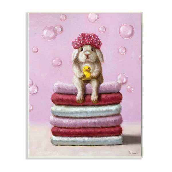 Stupell Industries "Cute Baby Rabbit on Bath Towels Soap Bubbles" by Lucia Heffernan Unframed Animal Wood Wall Art Print 13 in. x 19 in.