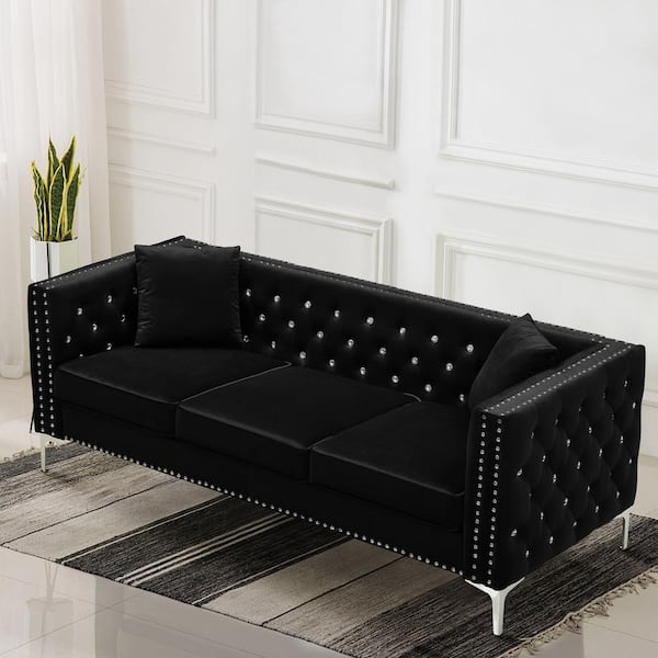 82.3 in. W Square Arm Velvet Straight Chesterfield Sofa in Black
