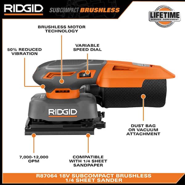 RIDGID 18V SubCompact Brushless Cordless 1/4 Sheet Sander (Tool