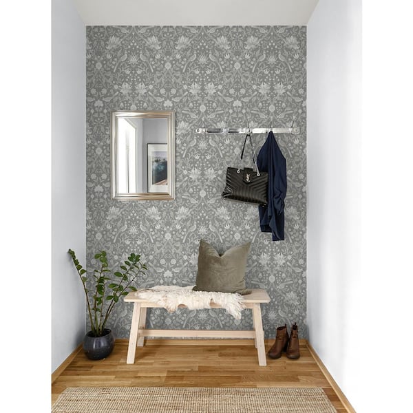 15.38 sq. ft. Gray Smoke Vintage Bird Ogee Vinyl Peel and Stick Wallpaper Roll