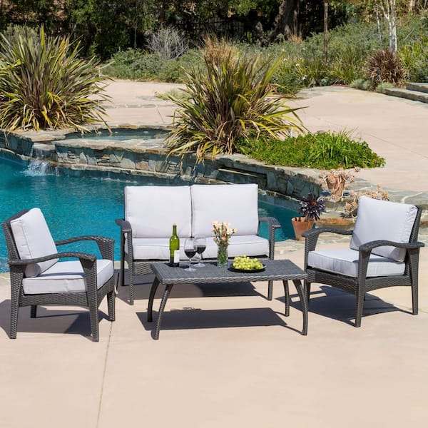 Gray 4-Piece Metal Patio Conversation Set with Gray Cushions