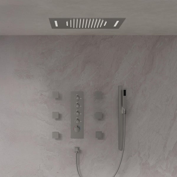 LED Thermostatic Quintuple Handle 15-Spray 23 x 15 in. Shower Faucets 2.5 GPM with Body Spray in. Brushed Nickel
