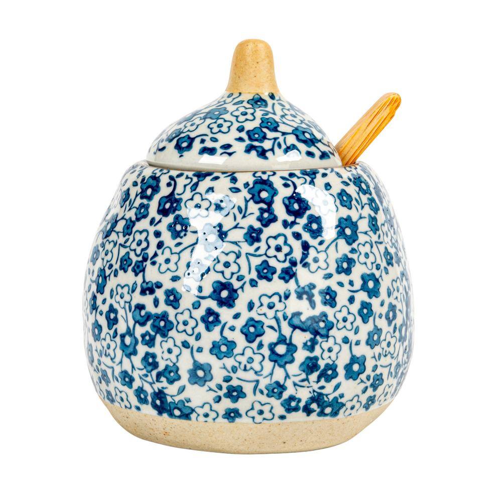 Hand-Painted Blue Floral Stoneware Sugar and Creamer Set