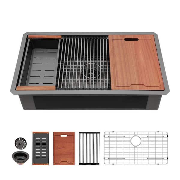 33 in. Undermount Single Bowl Gunmetal Black Stainless Steel Workstation Kitchen Sink with Strainers