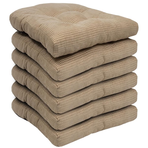 Sweet Home Collection Fluffy Tufted Memory Foam Square 16 in. x 16 in. Non-Slip Indoor/Outdoor Chair Cushion with Ties, Taupe (6-Pack)