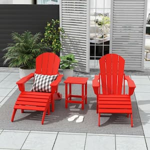 Laguna (5-Piece) Outdoor Patio Classic HDPE Folding Adirondack Chair with Ottoman and Side Table Set in Red