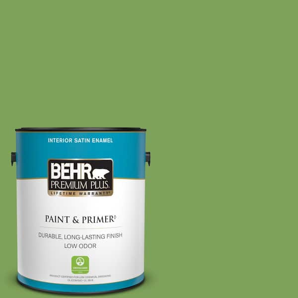 BEHR PREMIUM PLUS 1 gal. #P380-6 Springview Green Satin Enamel Low Odor Interior Paint & Primer