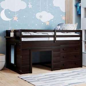 Brown Twin Size Low Loft Bed with 3 Large Drawers, Wooden Kids Loft Bed Frame with Cabinet and Shelf, Twin Kids Loft Bed