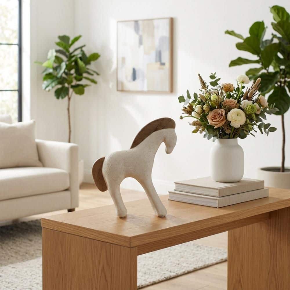 Ivory/Brown 8.5 in. x 10 in. Horse-Shaped Ecomix and Mango Wood Equestrian Sculpture