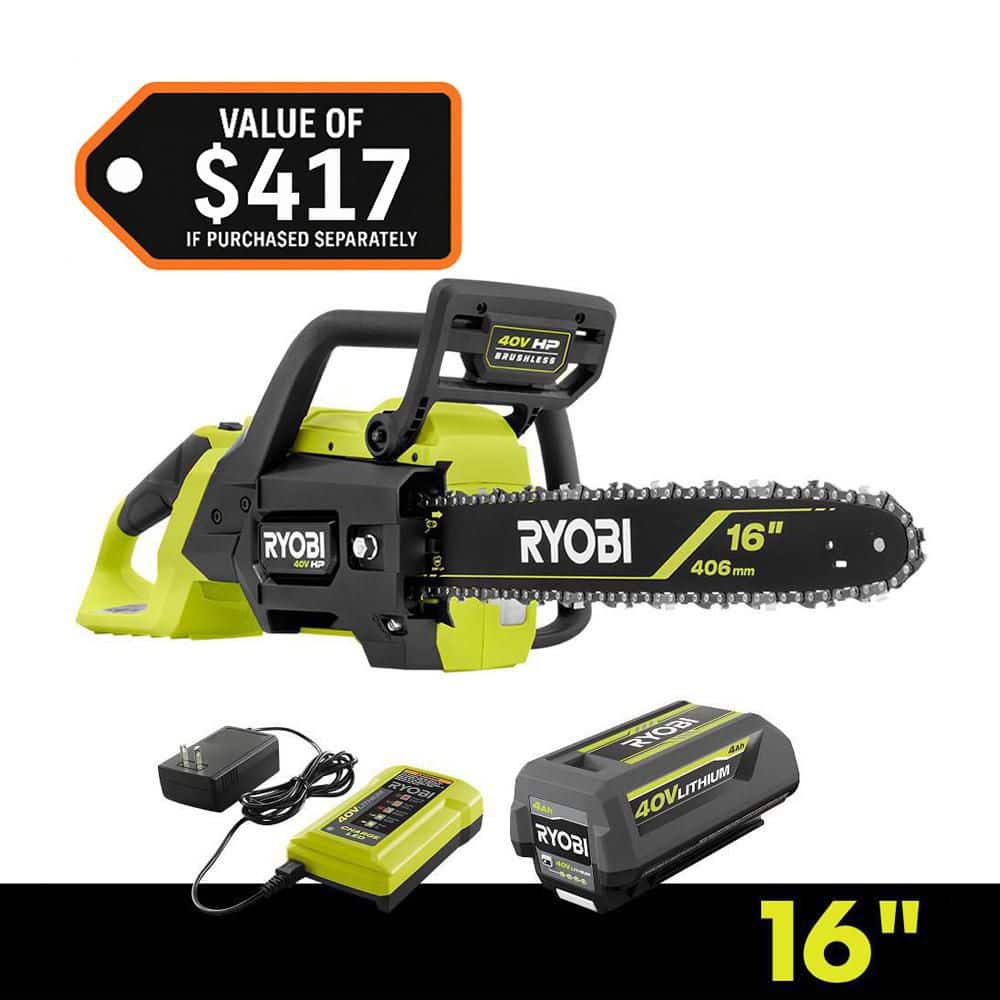 RYOBI 40V HP Brushless 16 in. Battery Chainsaw with 4.0 Ah Battery and Charger (RY40HPCW02K)