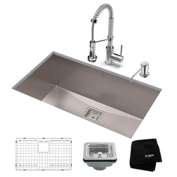 KRAUS Pax All-in-One Undermount Stainless Steel 28 in. Single Bowl Kitchen Sink with Faucet in Chrome