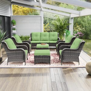 7-Piece Wicker Outdoor Patio Conversation Lounge Chair Sofa Set with Green Cushions and Ottomans