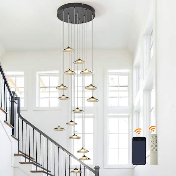80-Watt 15 Light Modern Black Cluster Dimmable Integrated LED Pendant Light with Glass Shade and Remote for Staircase