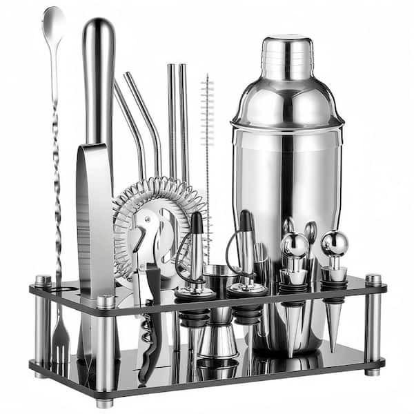 18-Piece Silver Professional Cocktail Shaker Set and Bartender Kit with Stand, Stainless Steel Bar Tools Set