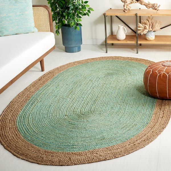 Natural Fiber Teal/Beige 5 ft. x 8 ft. Woven Ascending Oval Area Rug