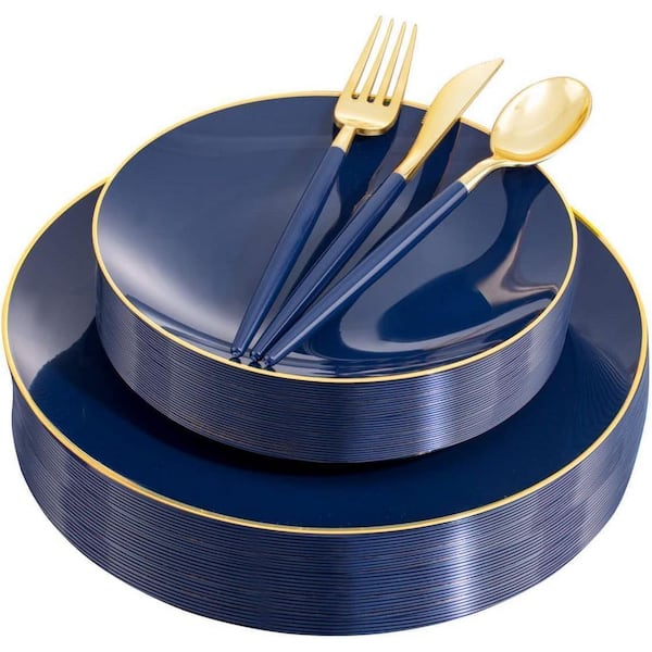 150-Piece Blue and Gold Plastic Dinnerware Set with 30 Navy Plates, Forks, Spoons and Knives