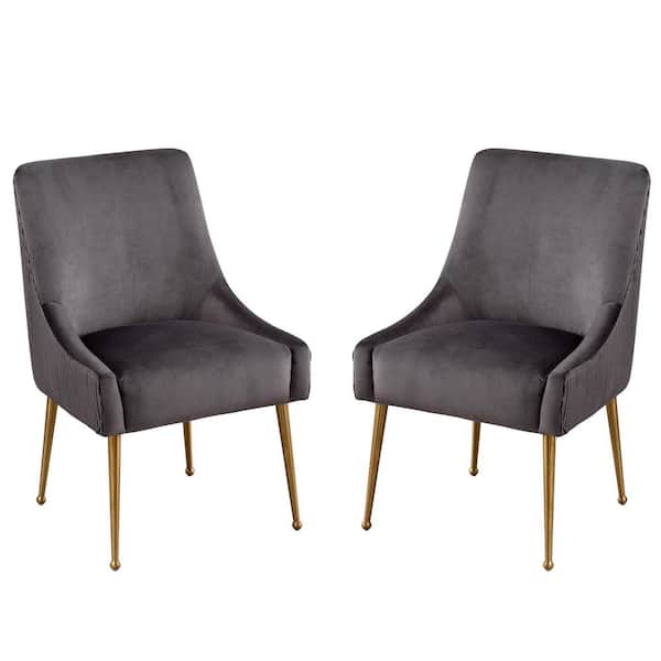 KINWELL Dark Gray Modern Mid-Century Velvet Fabric Upholstered Pleated Dining Chair with Handle on Back (Set of 2)