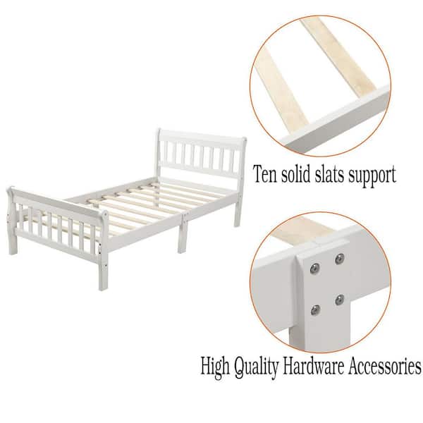 White Wood Frame Twin Platform Bed with Headboard, Footboard and Wood Slat Support