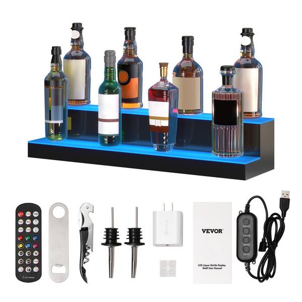 32" 2-Tier LED Lighted Shelves – Illuminated Liquor Bottle Display Bar Stand