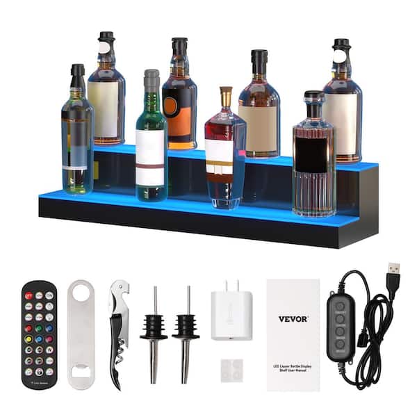 VEVOR LED Lighted Liquor-Bottle Display 2 Tiers Illuminated Home Bar Shelf 30 in. Wine Rack for Holding 16 Bottles