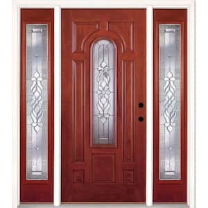 67.5 in.x81.625in.Lakewood Zinc Center Arch Lt Stained Cherry Mahogany Lt-Hd Fiberglass Prehung Front Door w/Sidelites