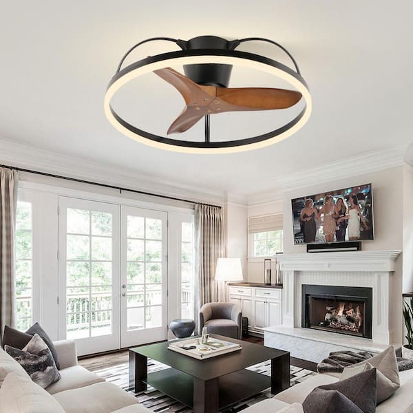 24 in. Modern Indoor Black Ceiling Fan Light,   with Remote, Solid Wood Blades - Flush Mount, Modern Minimalist Style