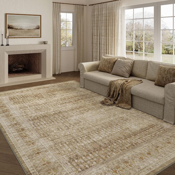 Houston Brown 9 ft. x 12 ft. Distressed Vintage Floral Area Rug