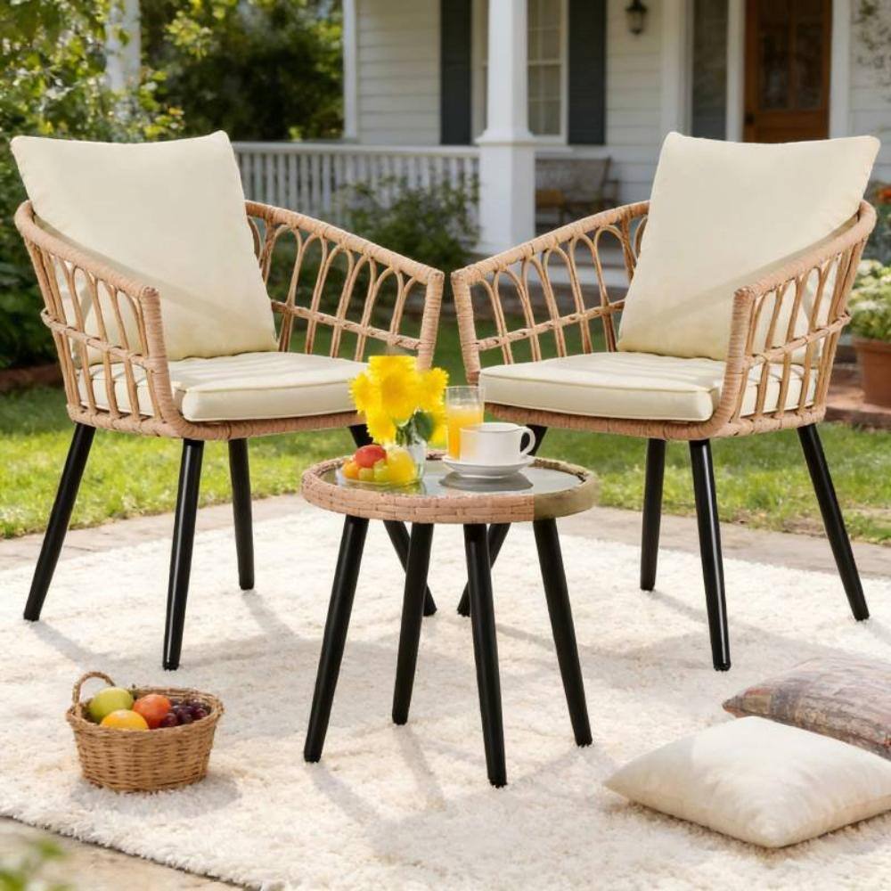 Patio bistro set set up in a backyard patio.