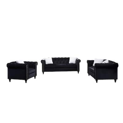 Living Room Suites 3-Piece Straight Sofa Set in Black Velvet with Nailhead Trim and Cushion