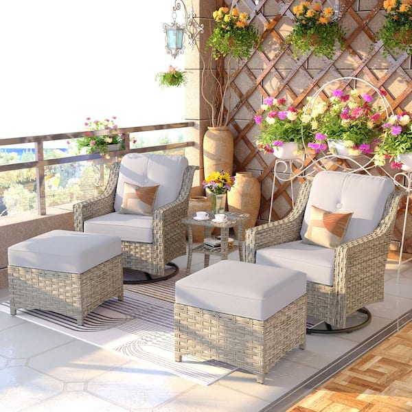 Toject Eureka Grey 5-Piece Modern Wicker Outdoor Patio Conversation Swivel Rocking Chair Seating Set with Light Grey Cushions