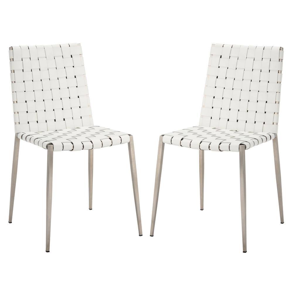 White Leather Upholstered Parsons Side Chair with Metal Base