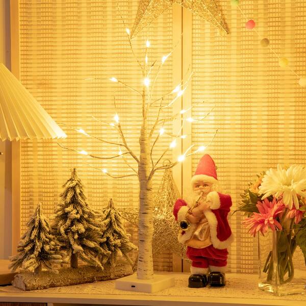 Costway Set of 2 Pre Lit White Twig Birch Tree Battery Powered 2ft for Christmas