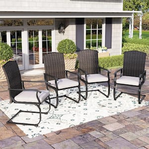 Black Rattan C-Spring Metal Patio Outdoor Dining Chair with Beige Cushion (4-Pack)