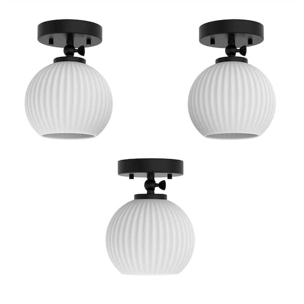 YANSUN 5 in. 1-Light Black Semi-Flush Mount Ceiling Light with Glass Shade, Convertible Pendant Light and Wall Sconce (3-Pack)