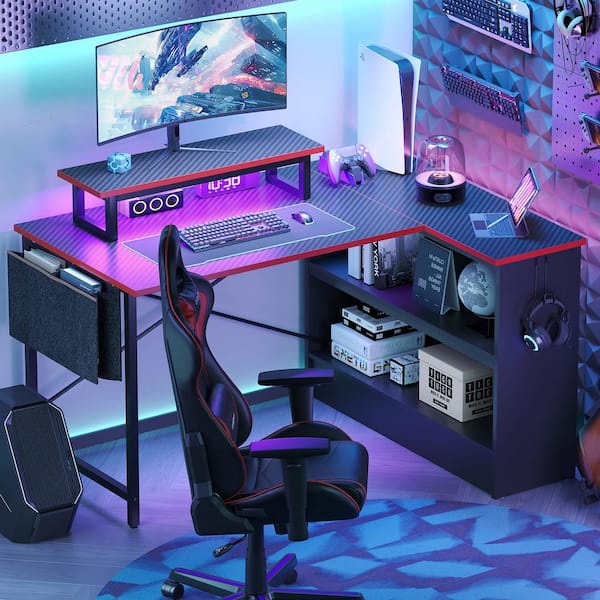 61 in. LED Desk with 4 Tiers Reversible Storage Shelves and Side Storage Bag & 2 Hooks Black Grained