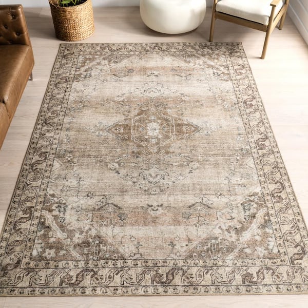 nuLOOM Hillstone Beige 6 ft. 7 in. x 9 ft. Traditional Vintage Medallion Area Rug