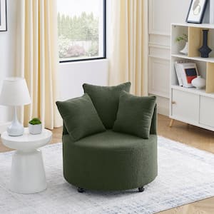 Green Velvet Upholstered Accent Swivel Chair Barrel Living Room Sofa Chair with Movable Wheels and 3-Pillows