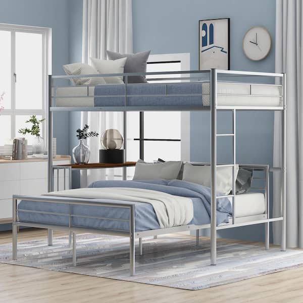 Harper & Bright Designs Detachable Metallic Silver Twin Over Full Metal Bunk Bed with Built-in Desk and Ladder