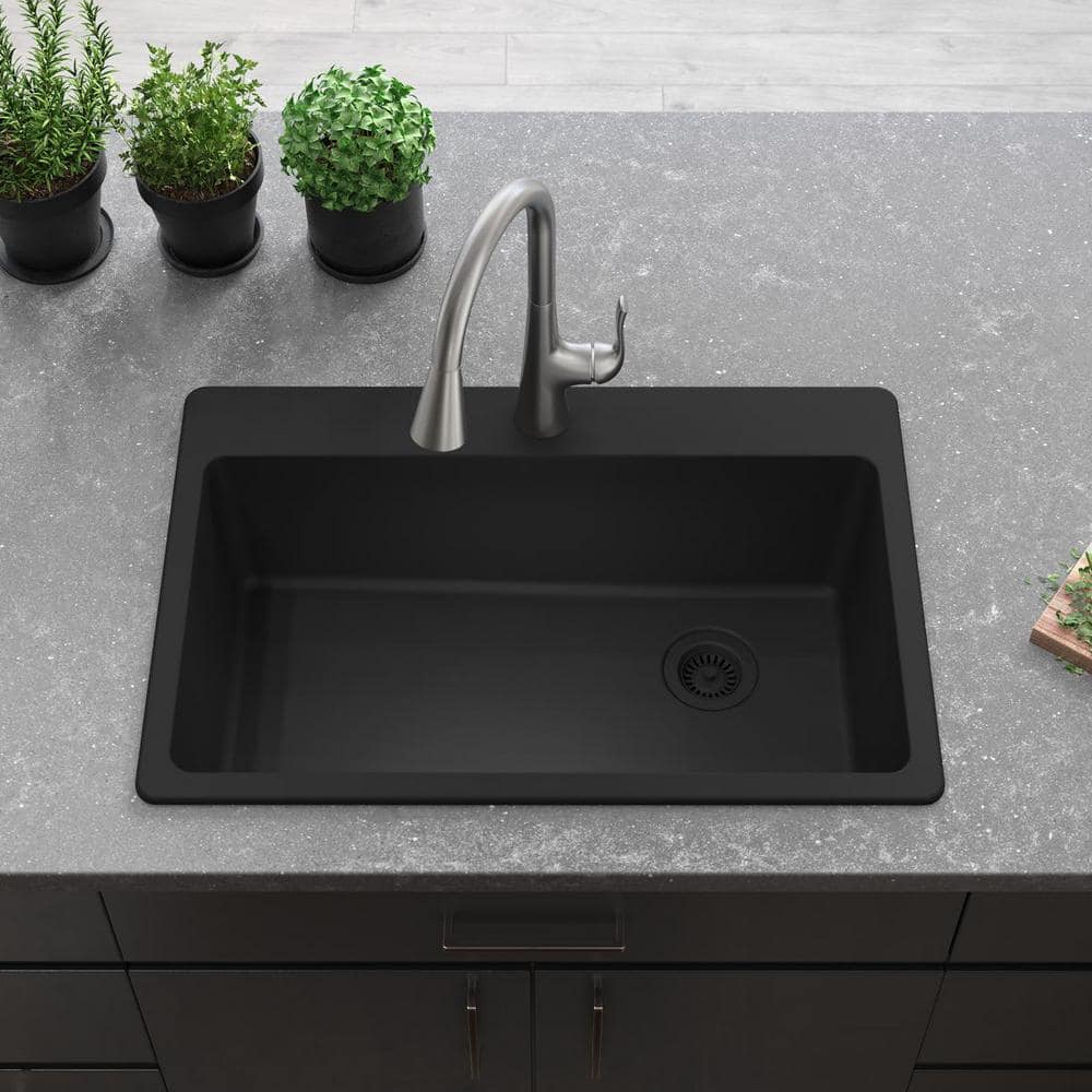 Matte Black Quartz Single Bowl Drop-In Sink, 33 x 22 Inches