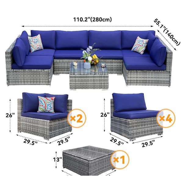 ESSENTIAL LOUNGER 7-Piece Wicker Patio Conversation Set with Navy Blue Cushions