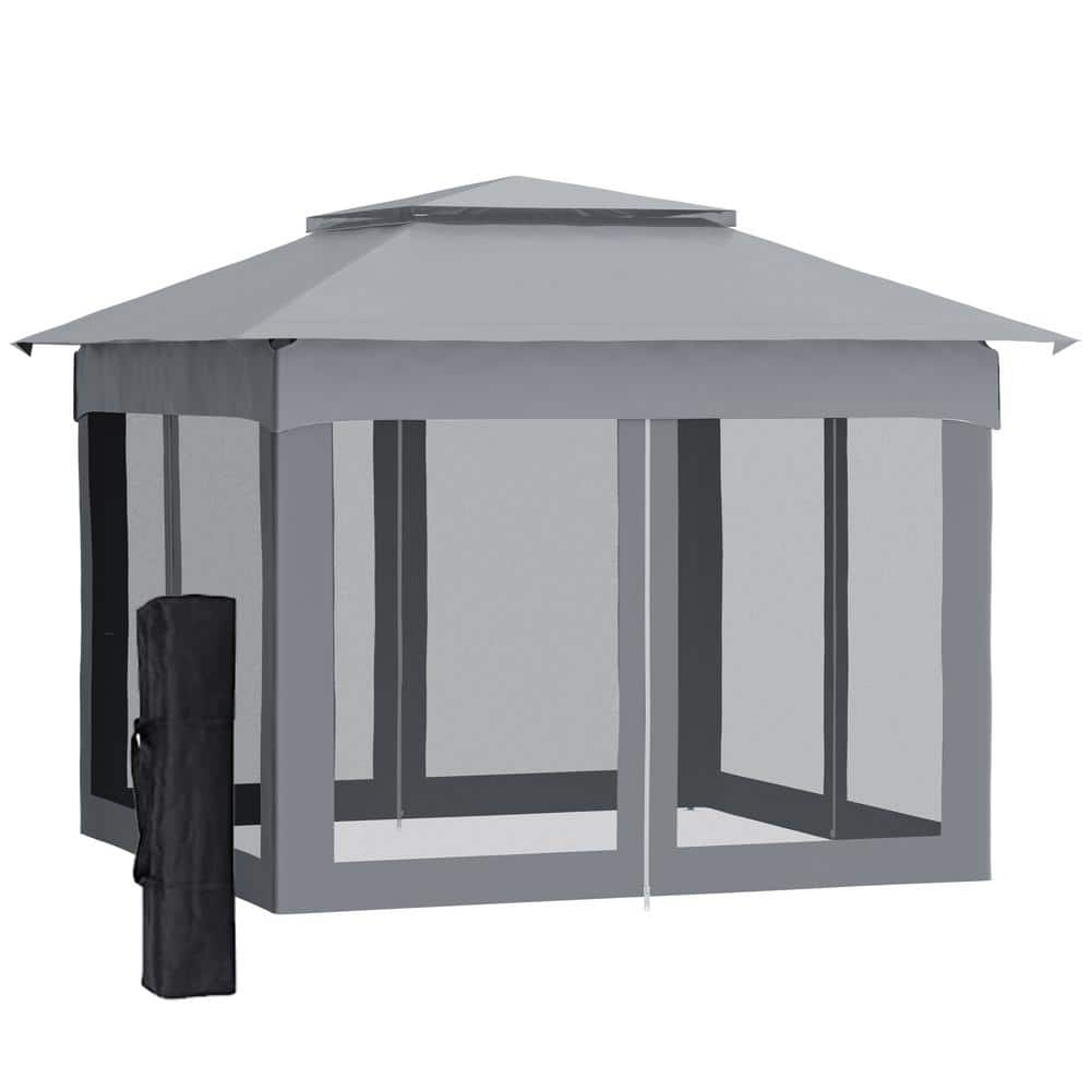 Outdoor 11 ft. x 11 ft. Pop Up Gray Gazebo Canopy Shelter with 2-Tier Soft Top and Removable Zipper Netting, Event Tent -  Outsunny, 840-166MX