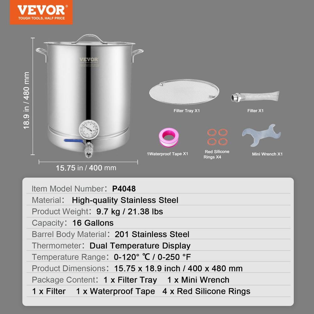 16 Gallon Stainless Steel Induction Ready Brewing Kettle