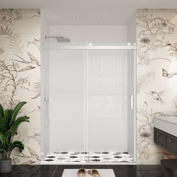 YINVANI 60 in. W x 76 in. H Single Sliding Frameless Soft Close Bypass Shower Door in Brushed Nickel with 3/8 in. Clear Glass