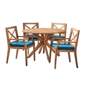 Llano Teak Brown 5-Piece Wood Outdoor Dining Set with Blue Cushions
